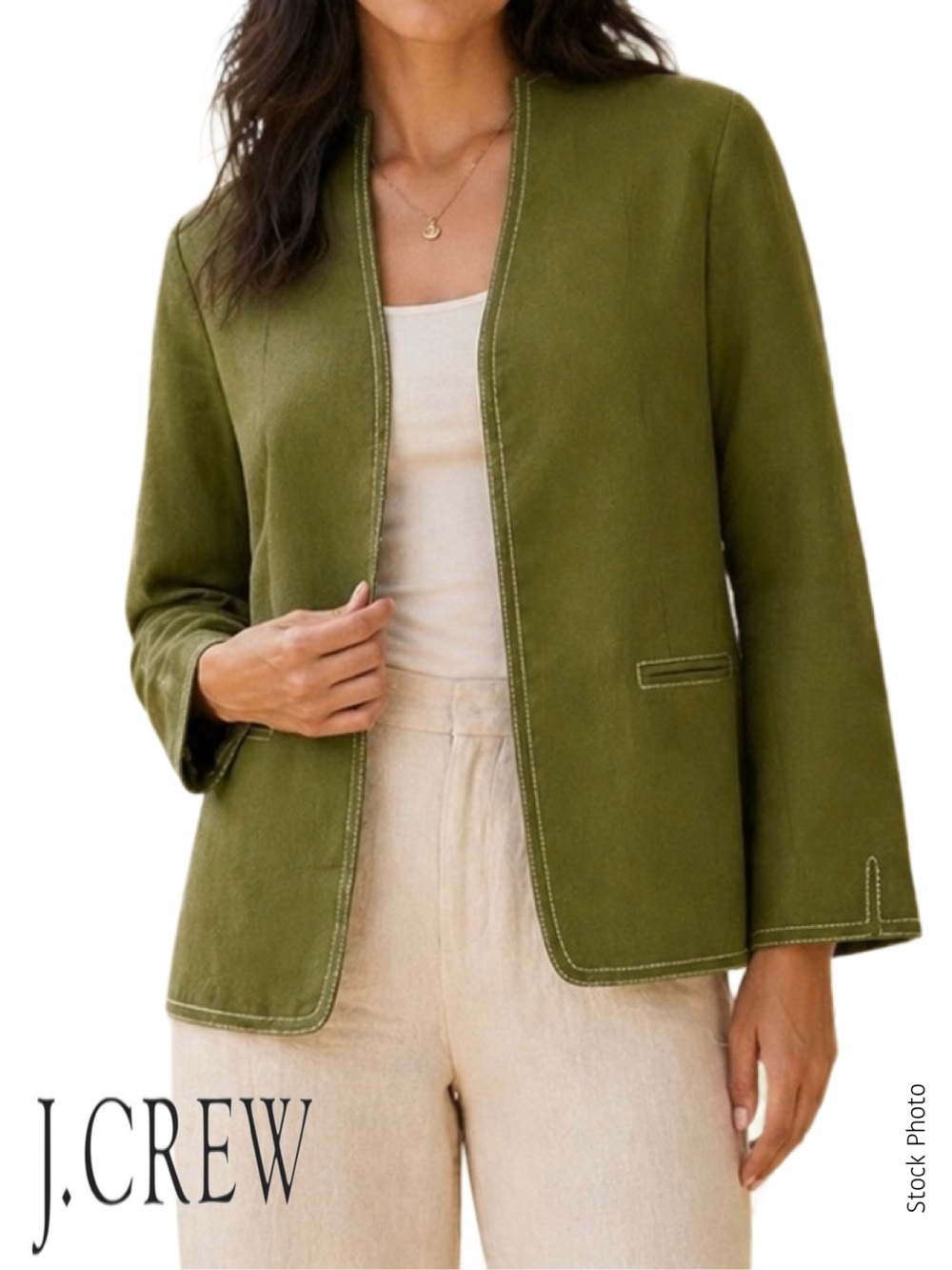 J. Crew Going-Out Open Blazer in Olive Stretch Topstitched Linen Blend Lined (4)